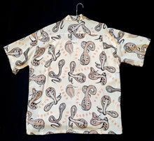 Load image into Gallery viewer, King Cobra snake print shirt by Vince Ray for Star of Hollywood - off white with black and orange print.