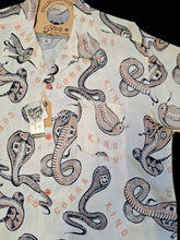 Load image into Gallery viewer, King Cobra snake print shirt by Vince Ray for Star of Hollywood - off white with black and orange print.