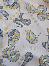 Load image into Gallery viewer, King Cobra snake print shirt by Vince Ray for Star of Hollywood - off white with navy and yellow print.