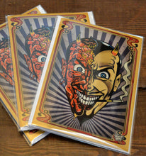 Load image into Gallery viewer, Vince Ray Devil Head greetings card `Where`s My Fucking Present?`
