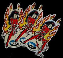 Load image into Gallery viewer, Three identical cartoon characters with flames and a Mickey Mouse logo on a black background