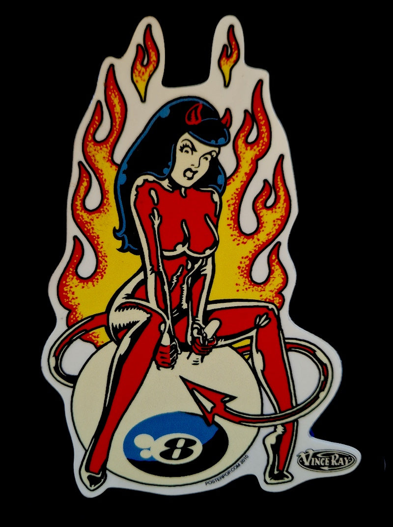 Sticker of a stylized character with flames and a pool ball, featuring the artist's signature.