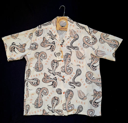 King Cobra snake print shirt by Vince Ray for Star of Hollywood - off white with black and orange print.