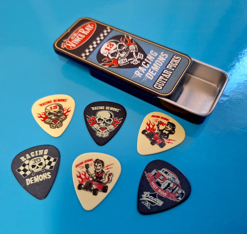 Tin of 6 Racing Demons Plectrums by Vince Ray