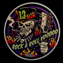 Load image into Gallery viewer, Circular design with a skull, guitar, and flames on a black background