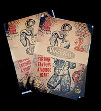 Load image into Gallery viewer, Cards with vintage-style illustrations and text on a black background