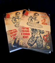 Load image into Gallery viewer, Two Vince Ray tattoo-style greeting cards with text and graphics on a black background