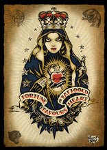 Load image into Gallery viewer, Artistic depiction of a woman with a crown and a heart, surrounded by stars and symbols, on a textured background.
