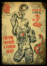 Load image into Gallery viewer, Tattoo-style illustration of a figure with snakes and text on a textured by Vince Ray background