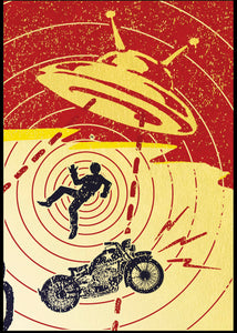 UFO biker greetings card by Vince Ray