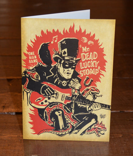 Dead Lucky Stomp greetings card by Vince Ray