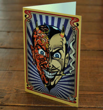 Load image into Gallery viewer, Vince Ray Devil Head greetings card `Where`s My Fucking Present?`