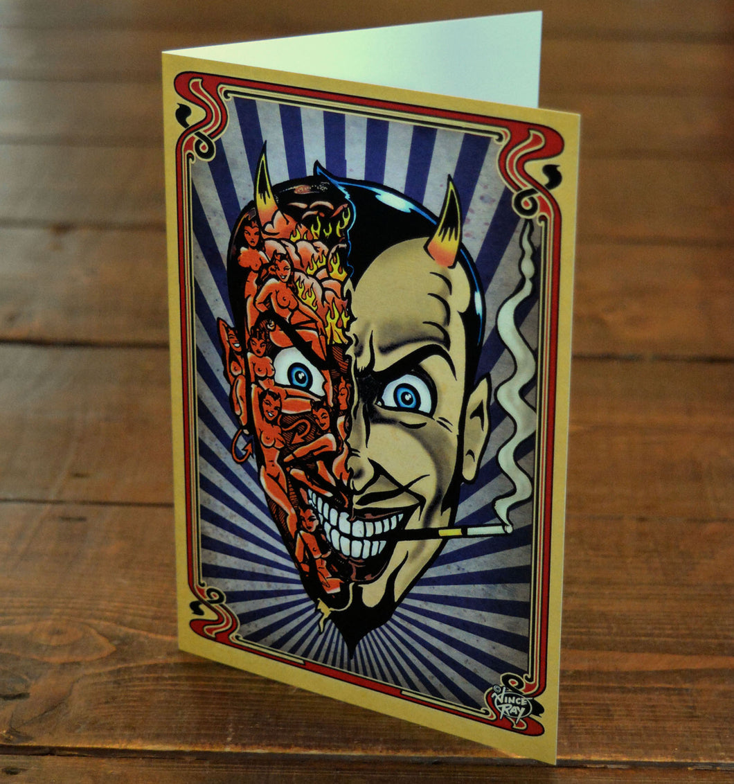 Vince Ray Devil Head greetings card `Where`s My Fucking Present?`