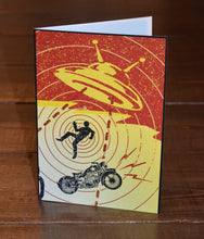 Load image into Gallery viewer, UFO biker greetings card by Vince Ray