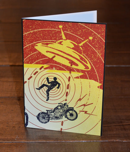 UFO biker greetings card by Vince Ray